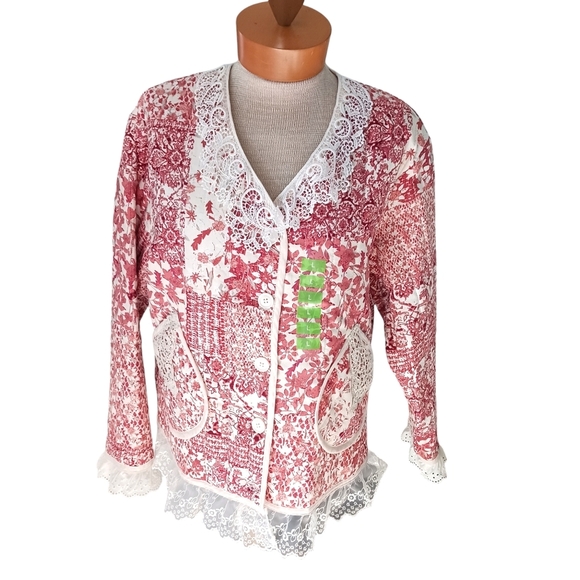 Womens Jacket Cardigan Red Lace Lagenlook NWT Fall Ruffled Crochet - Picture 1 of 10